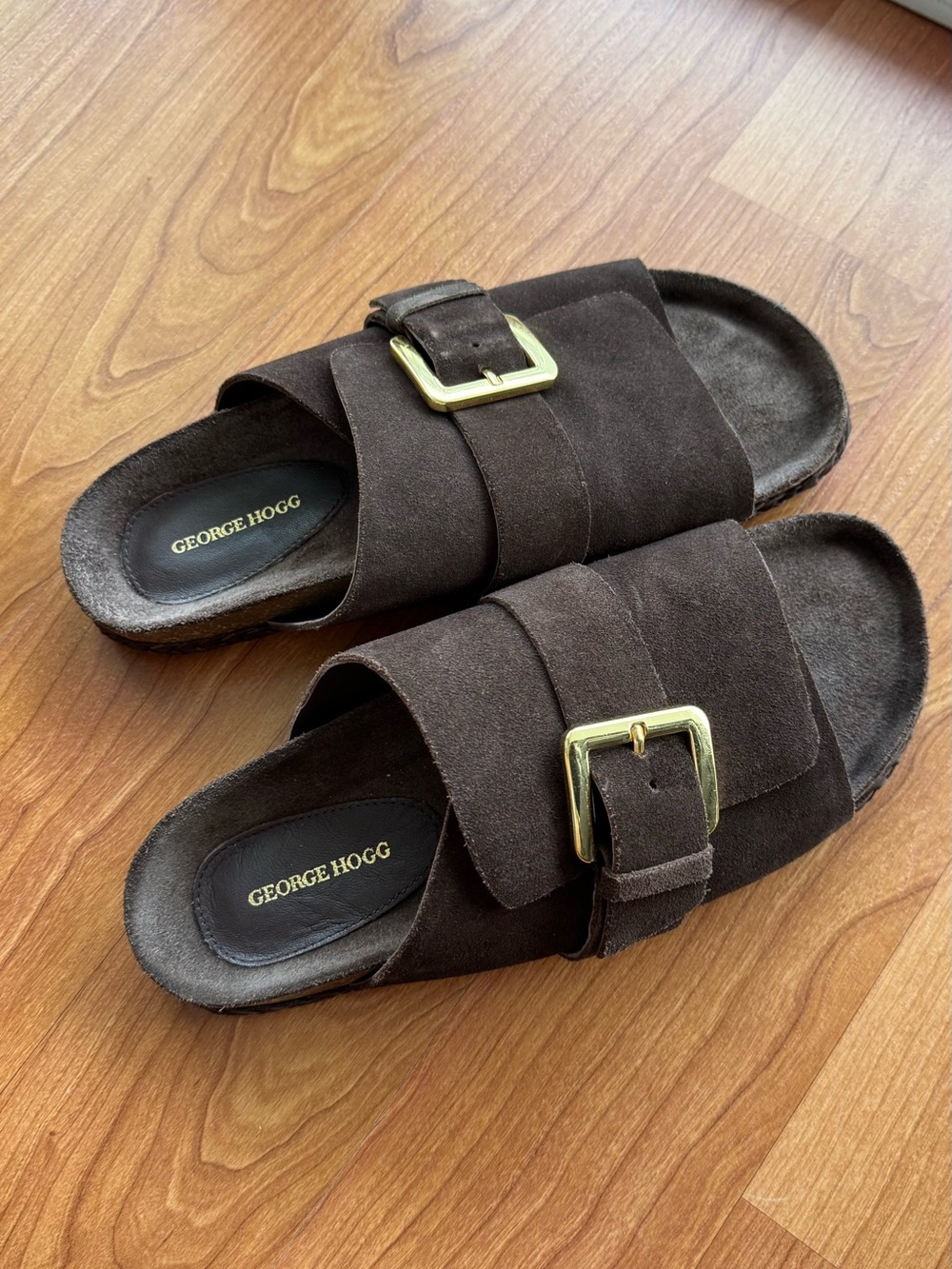 George Hogg Dark Brown Suede Buckle Slide Sandals
